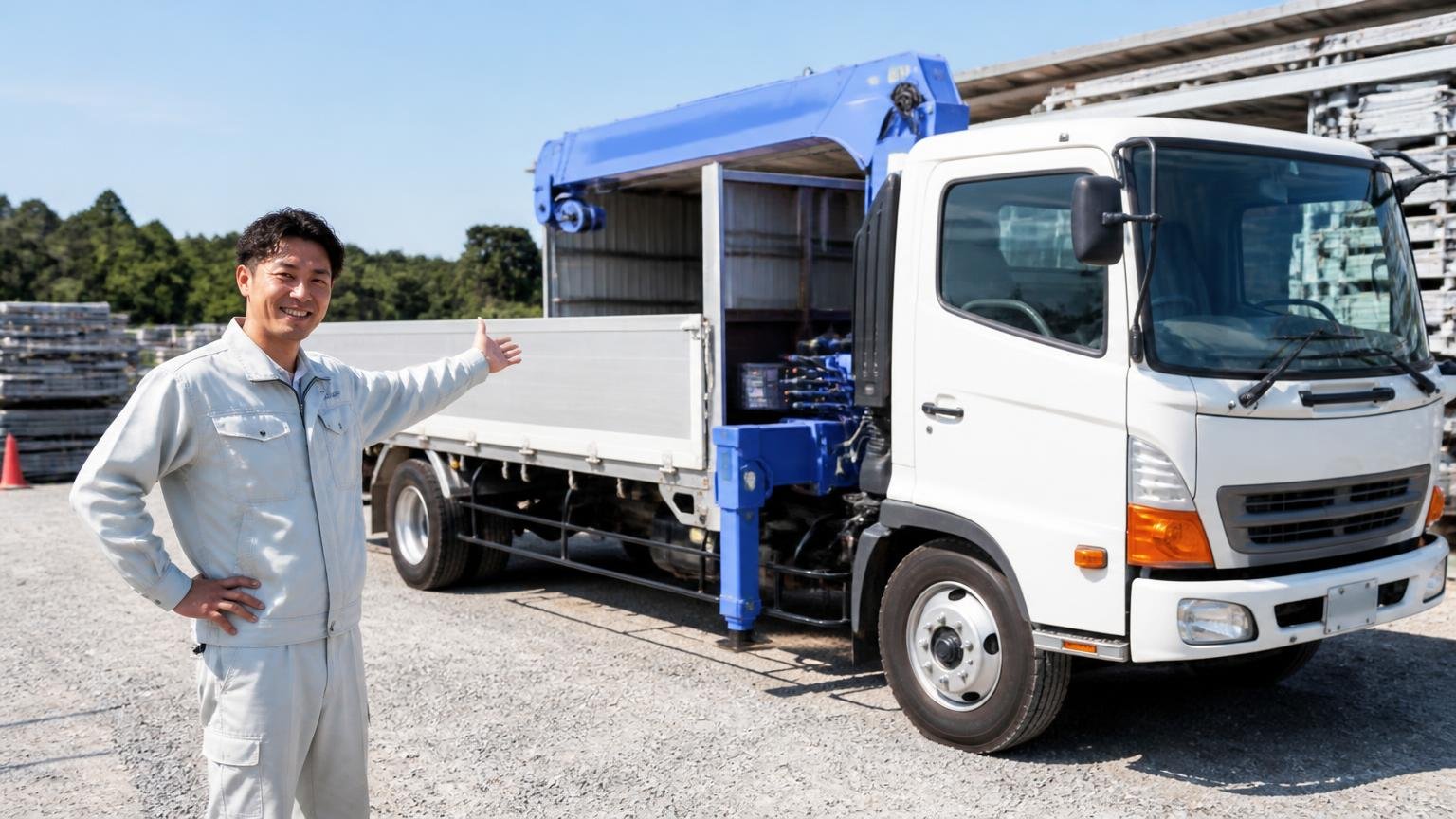 自分のトラックの車種・架装を得意としているか 資材置き場に停めたクレーン付きトラックの横 作業着の男性1人が誇らしげに荷台を指さす