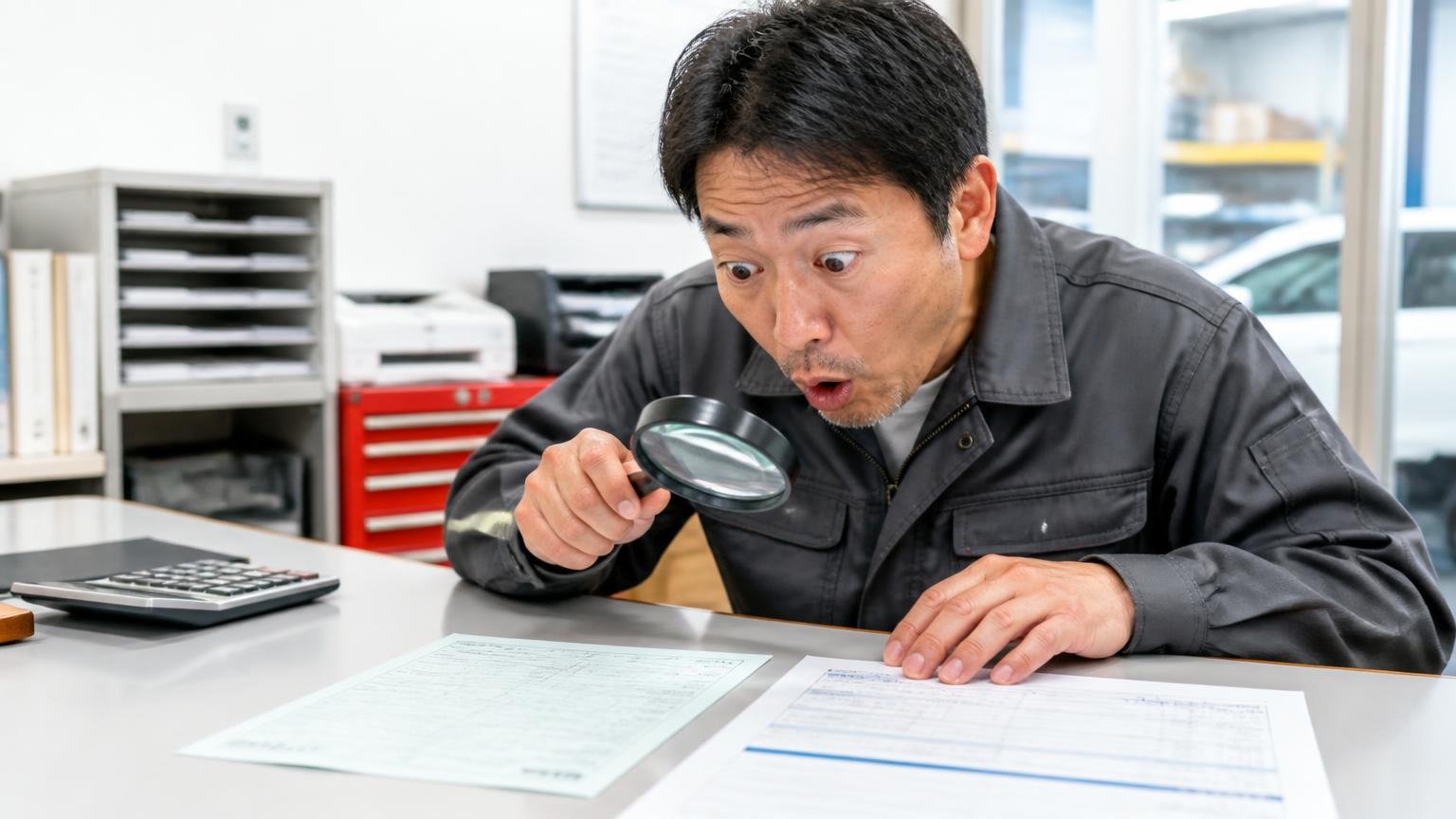 自動車税とリサイクル料金の扱いを見積書で確認する 車庫の事務スペースで納税通知書と見積書を並べた場面 男性1人が虫眼鏡で内訳をのぞき込み驚く