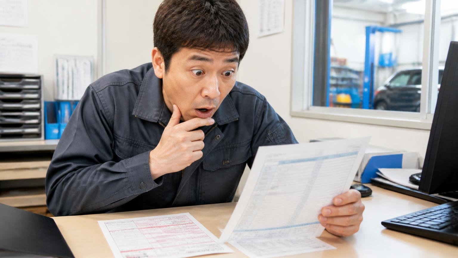 自動車税とリサイクル料金の扱いを見積書で確認する 車庫の事務スペースで納税通知書と見積書を並べた場面 男性1人が内訳をのぞき込み驚く