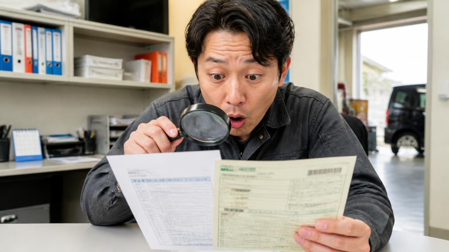 自動車税の還付とリサイクル料金の扱いを見積書で確認する 車庫の事務スペースで納税通知書と見積書を並べた場面 男性1人が虫眼鏡で見比べ驚く