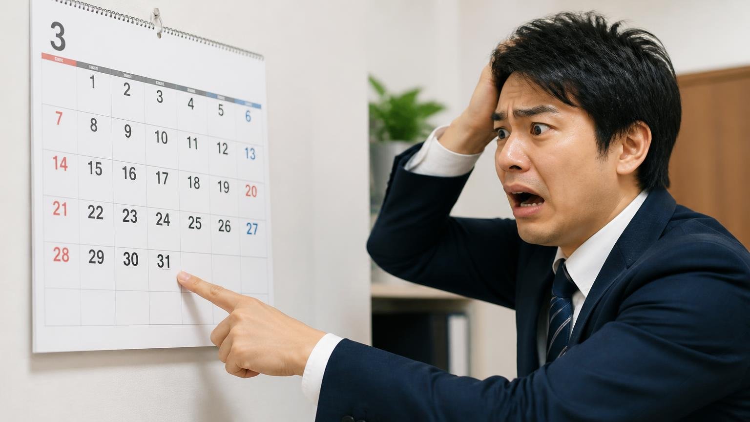 年度をまたぐなら3月中に手続きが終わる日程で動く 事務所の壁掛けカレンダーの3月を男性1人が指さし焦った表情