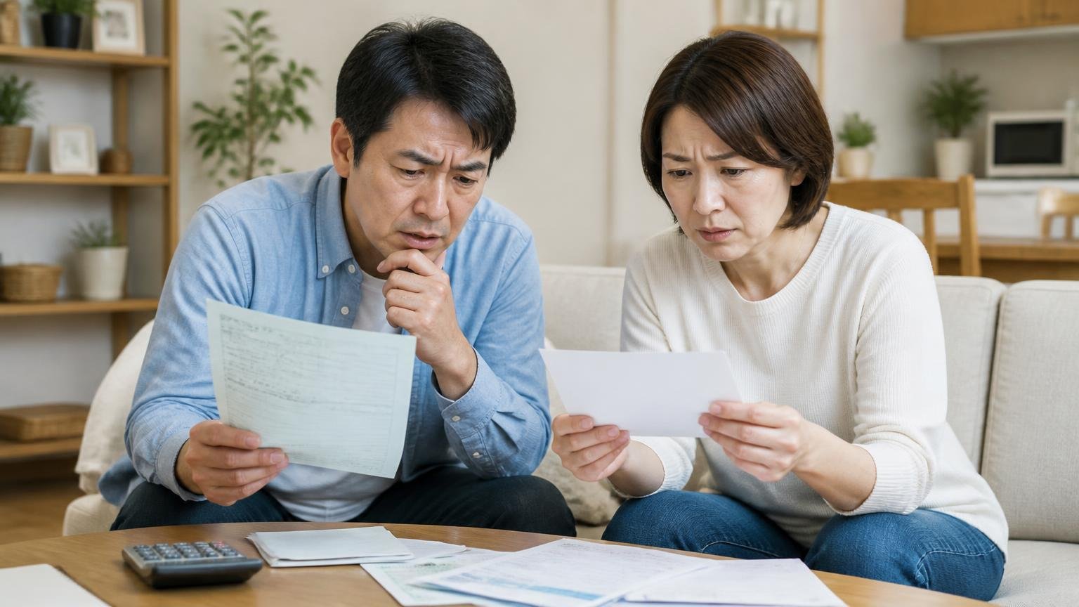 自宅の居間で、車検証のコピーと郵便物を見比べて不安そうにする40代夫婦2人