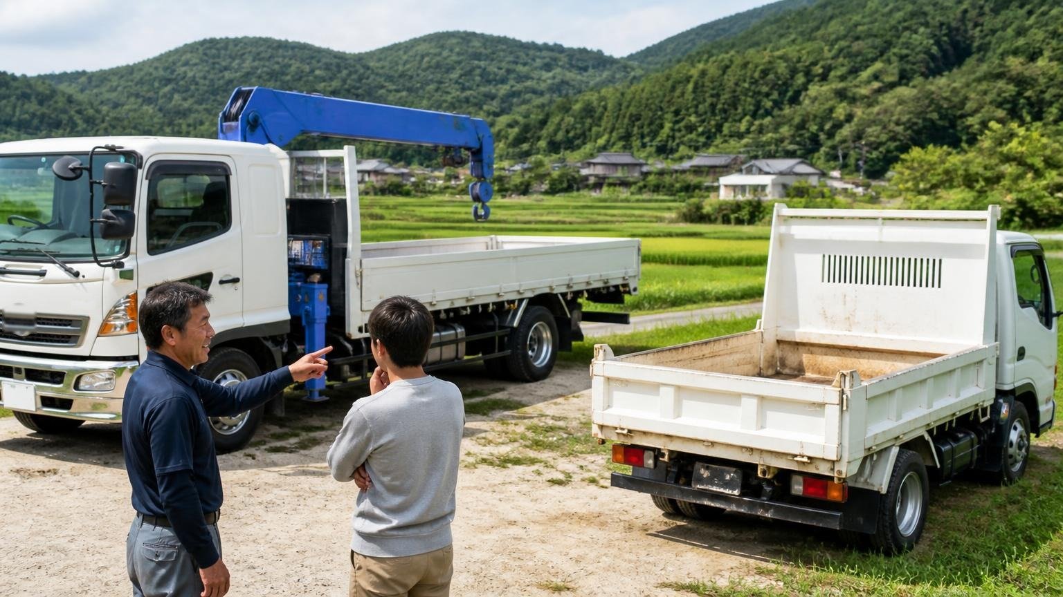 自分のトラックの車種・架装を得意としているか　雲南市の農地の脇で、クレーン付きトラックと小型ダンプを見比べながら相談する親子2人