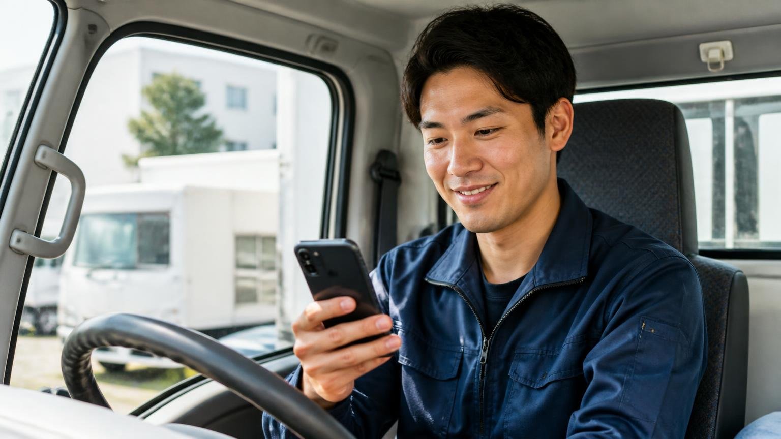 入金までの日数と、連絡の手段を自分で選べるか 配送の合間にトラックの運転席でスマホのLINE画面を見る若いドライバーの男性1人、ほっとした表情