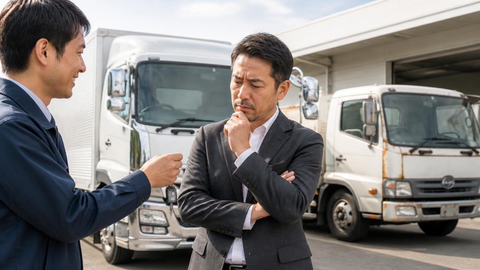 ディーラー下取りと一括査定サイトも、場合によっては合理的。ディーラーの新車納車場で新しい4tトラックの鍵を受け取り、古いトラックを横目に迷う表情の運送会社の男性社長