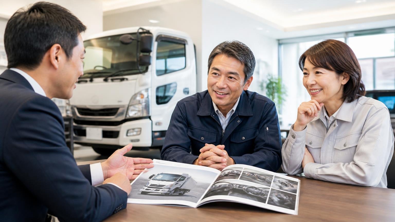 ディーラー下取りが向いている人、トラック販売店の商談席で新車カタログを前に営業担当と話す運送会社の夫婦