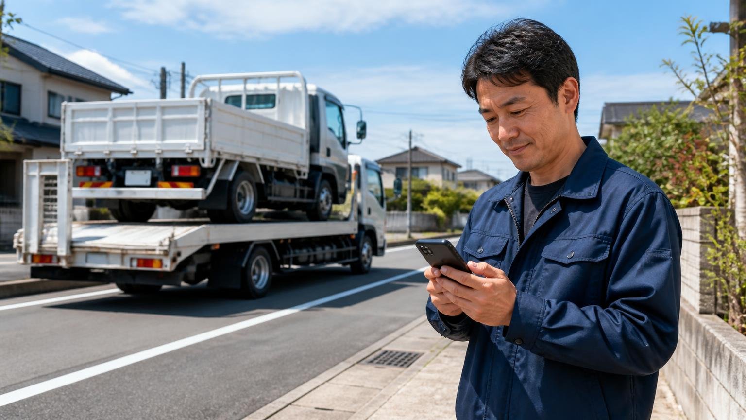 引き渡しと入金の順序と名義変更の完了連絡を確認する|積載車に載せられる4tトラックを見送りながらスマホで振込を確認する男性1人