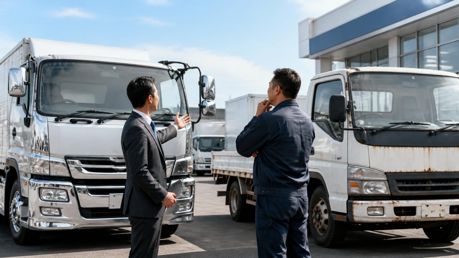 ディーラー下取りや一括査定も状況によっては合理的 新車ディーラーの納車場 新旧のトラックを見比べる男性オーナーと営業担当