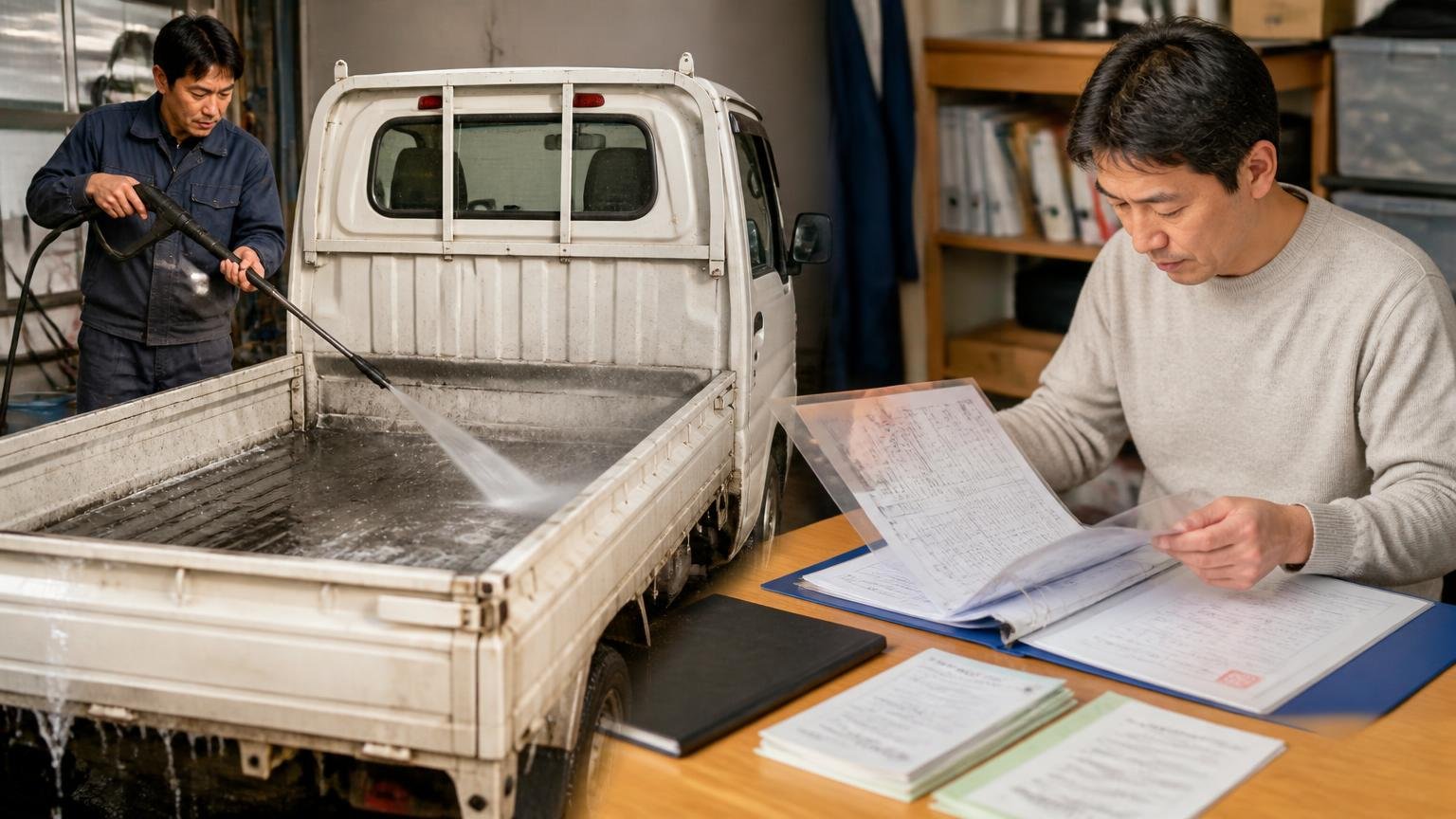 書類と車両の準備で査定の印象が変わる。車庫で荷台を高圧洗浄する男性と、車検証や整備記録をファイルに揃える男性