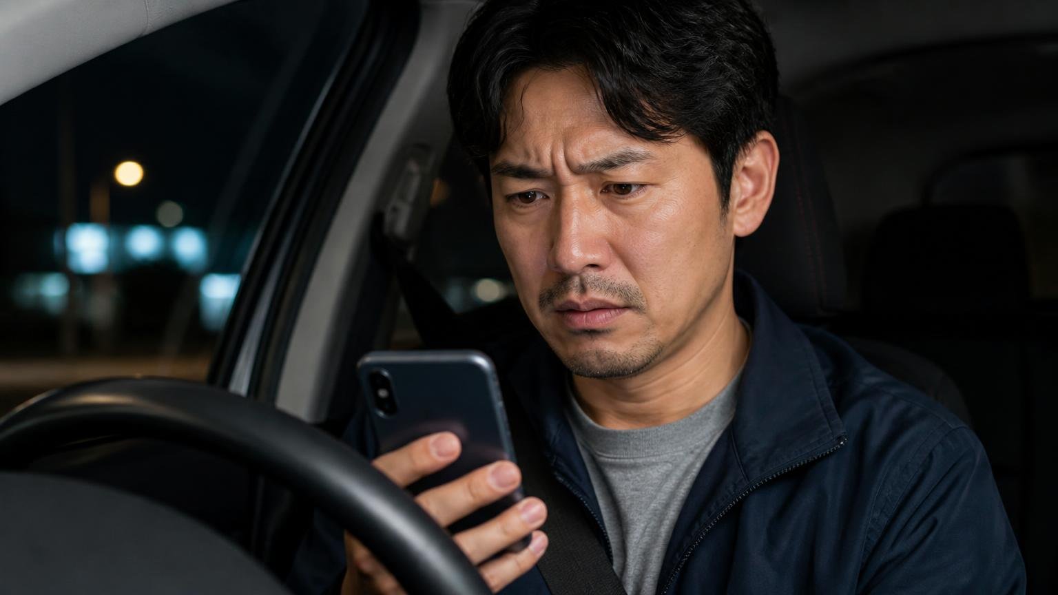 評判の読み方、悪評は4系統で「誰の声か」で意味が変わる。深夜の運転席でスマホの口コミ画面を見つめるドライバーの男性1人、眉をひそめる