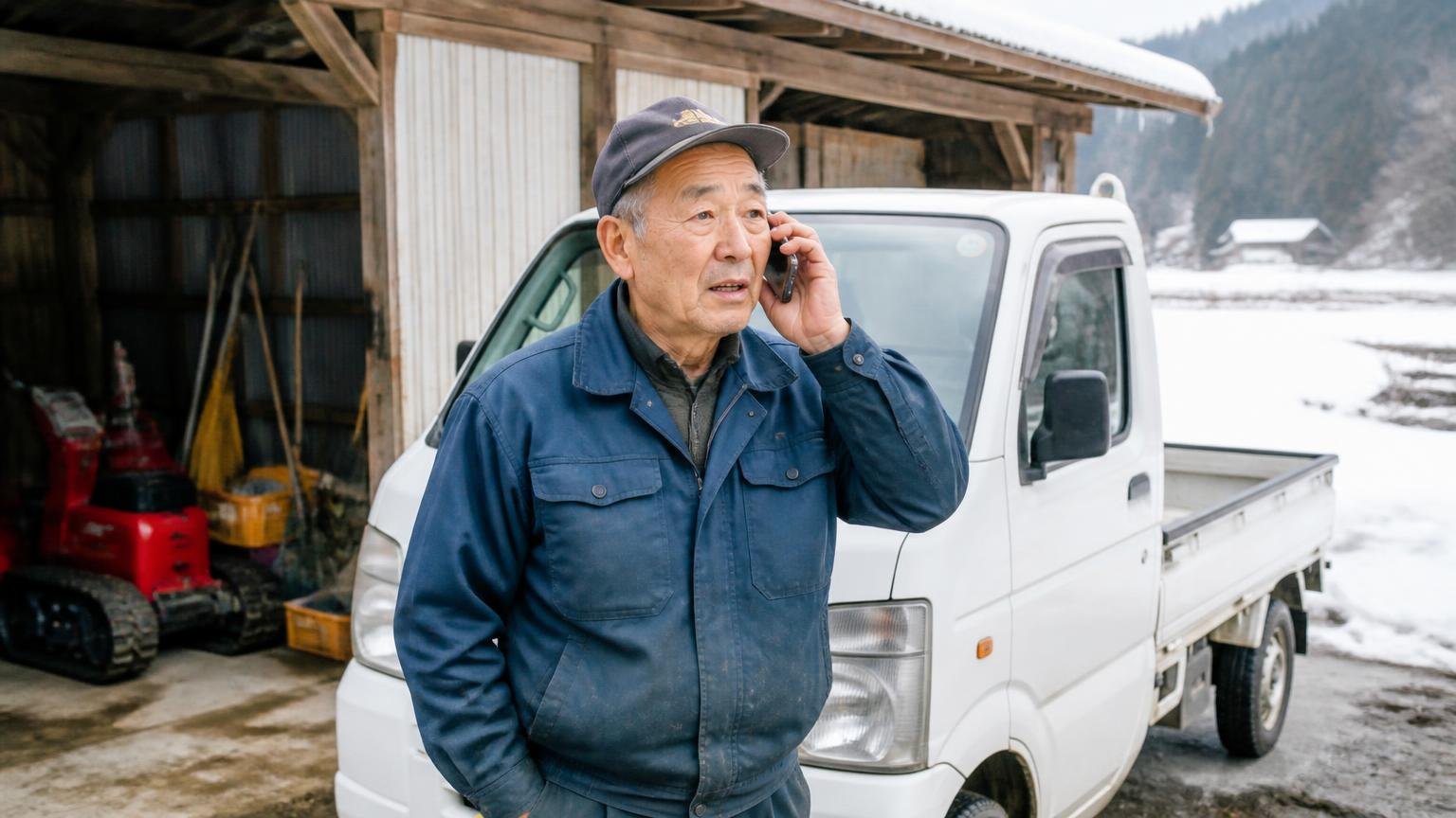 三次・庄原など県北と島しょ部は「出張日程と引取り条件」を先に聞く 雪が残る農家の車庫で軽トラの前に立ち電話をかける年配の男性1人