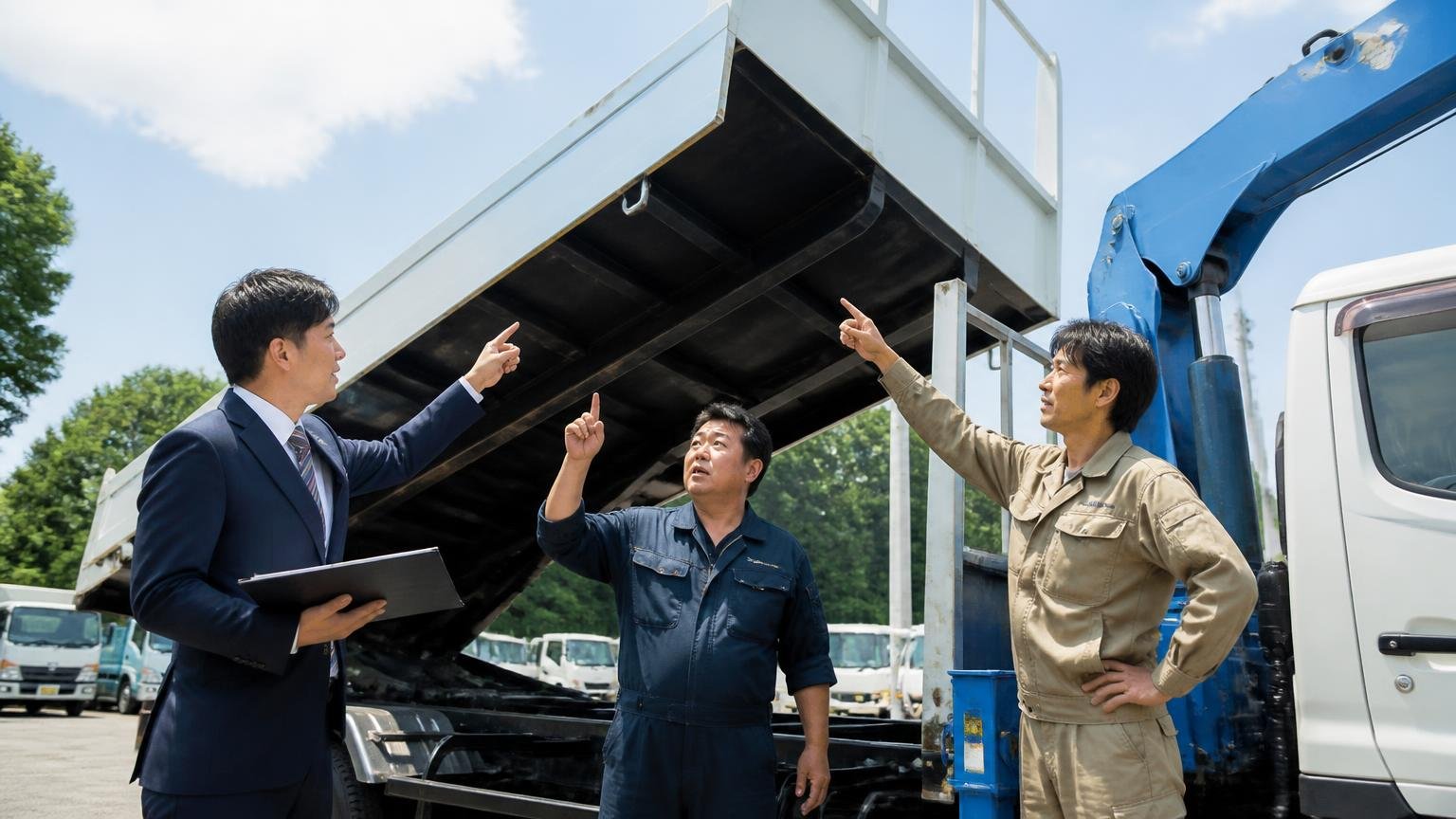 自分のトラックの車種・架装を得意としているか 屋外の展示場 クレーン付きトラックの荷台を見上げて査定士と作業着の男性2人が指をさして話し込む