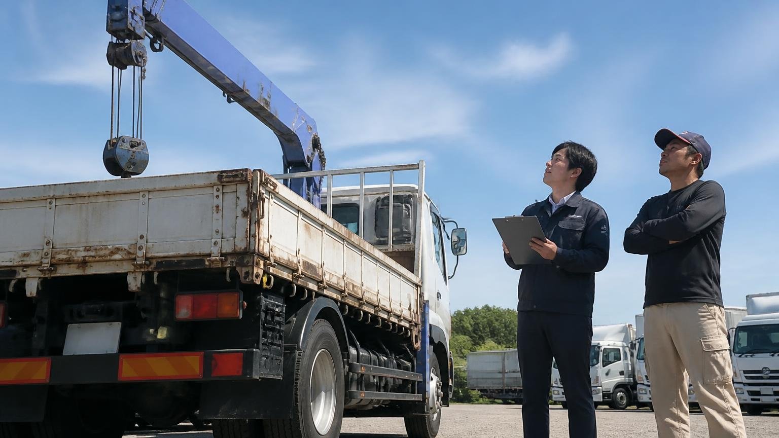 自分のトラックの車種・架装を得意にしているか 屋外の車両置き場 クレーン付きトラックの荷台を見上げる査定士と腕組みする持ち主