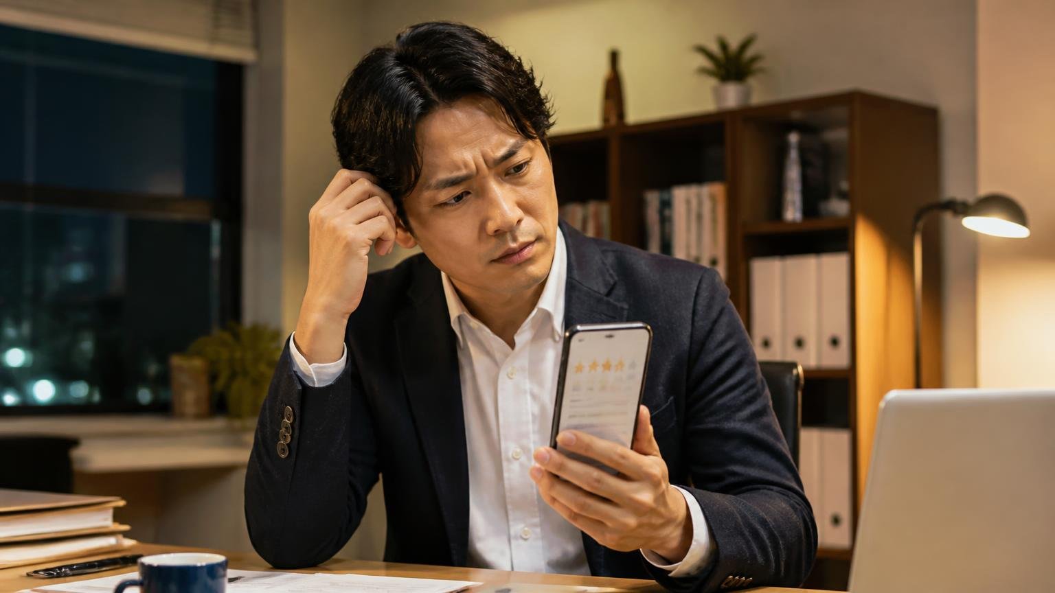 口コミの星の数だけで選ばない 夜の事務所 男性経営者1人 スマホの星の評価画面を見つめて首をかしげる