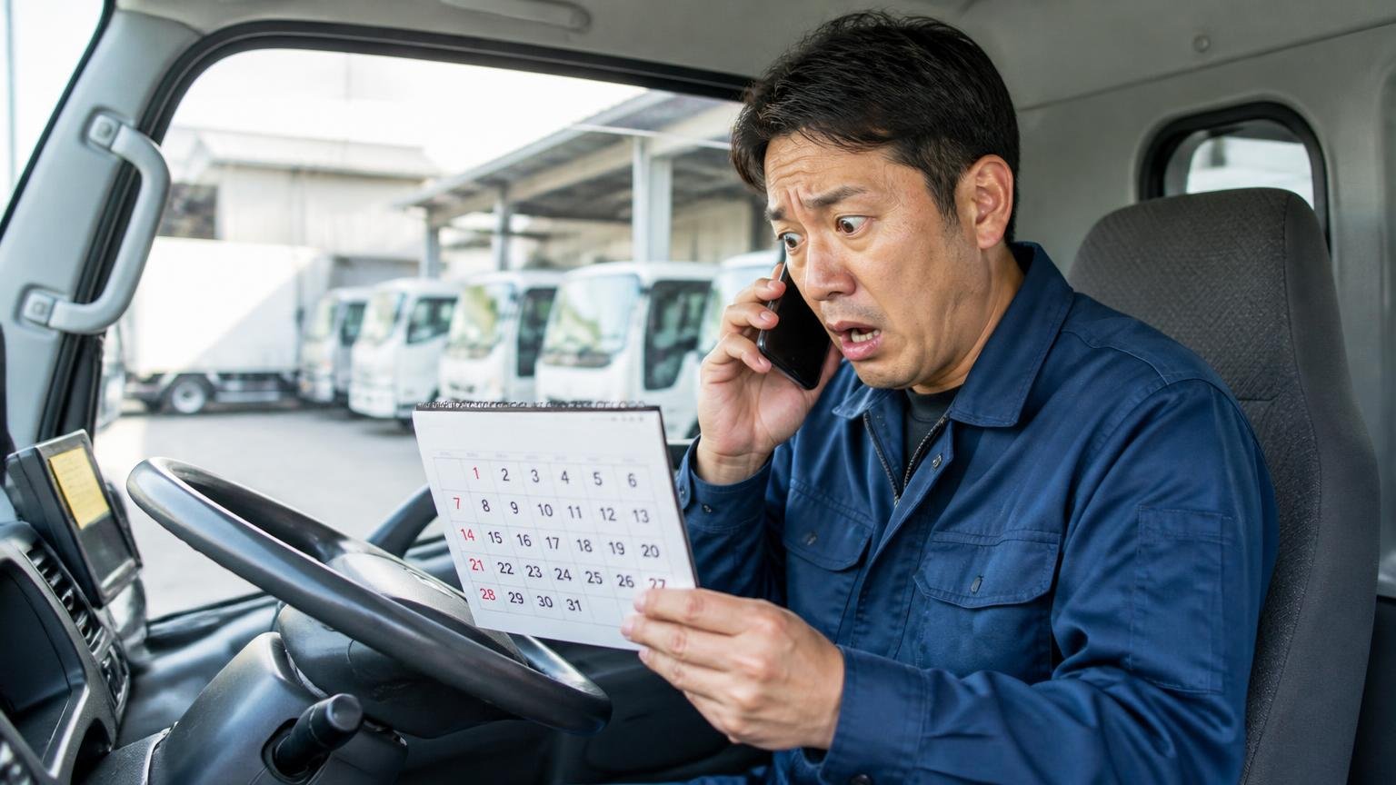 月末・年度末を避けて、早めに動く 早朝の車庫の運転席 男性1人 カレンダーを見てスマホで電話し焦る
