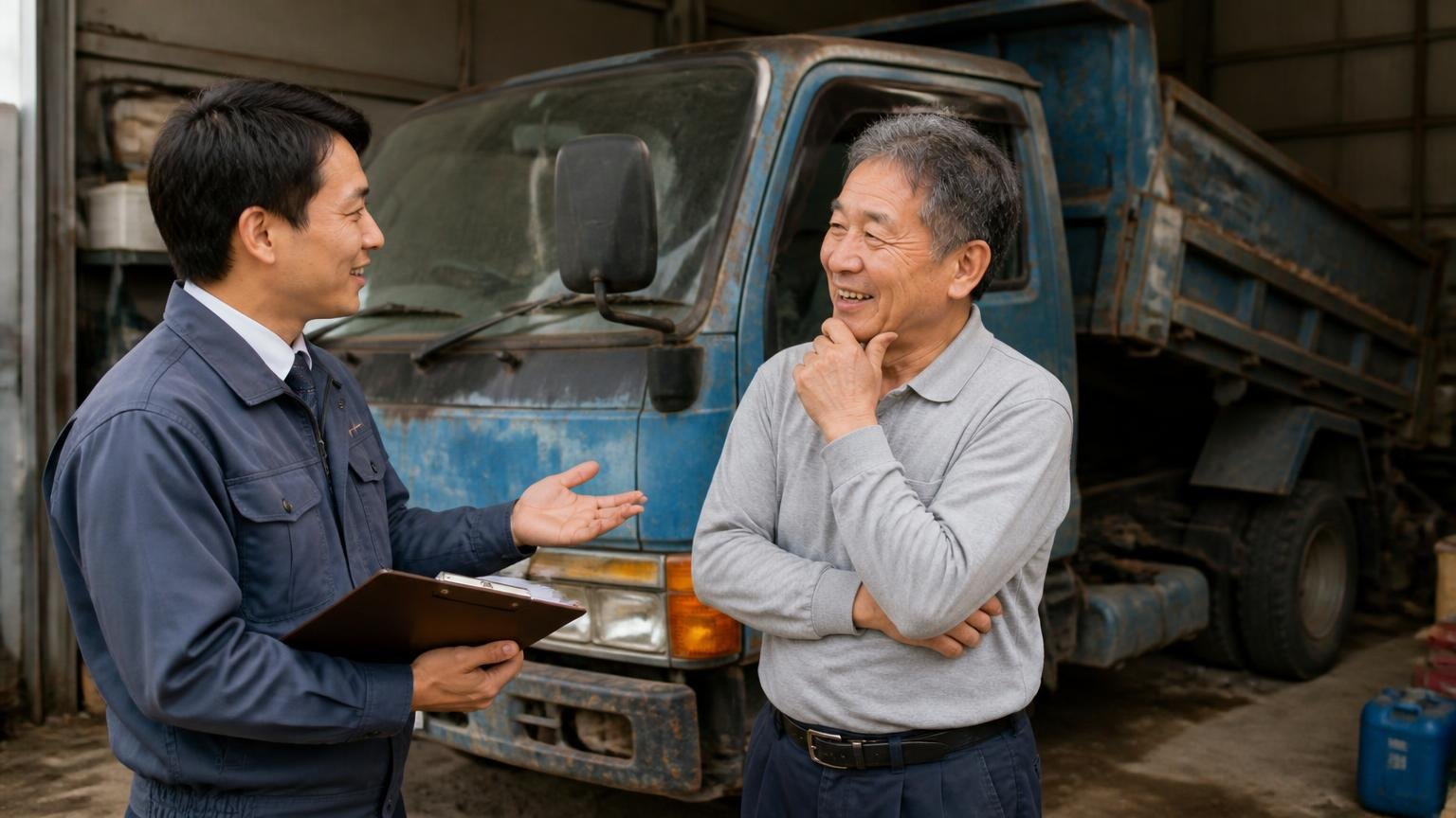 ローン中・車検切れ・不動車でもあきらめずに相談する、車庫の奥で動かなくなった古い2tダンプを前に、査定士の説明を聞いてほっと笑顔になる60代男性