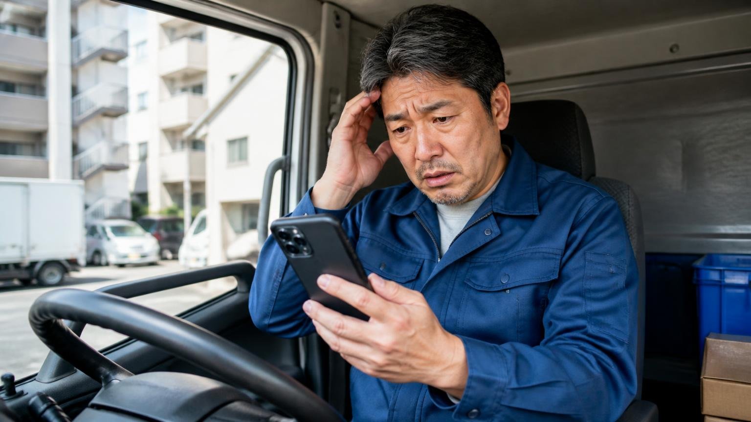 営業電話がつらいときは「連絡手段」を最初に指定する、配送の合間にトラックの運転席で、鳴り続けるスマホを見て困り顔になる中年の男性ドライバー