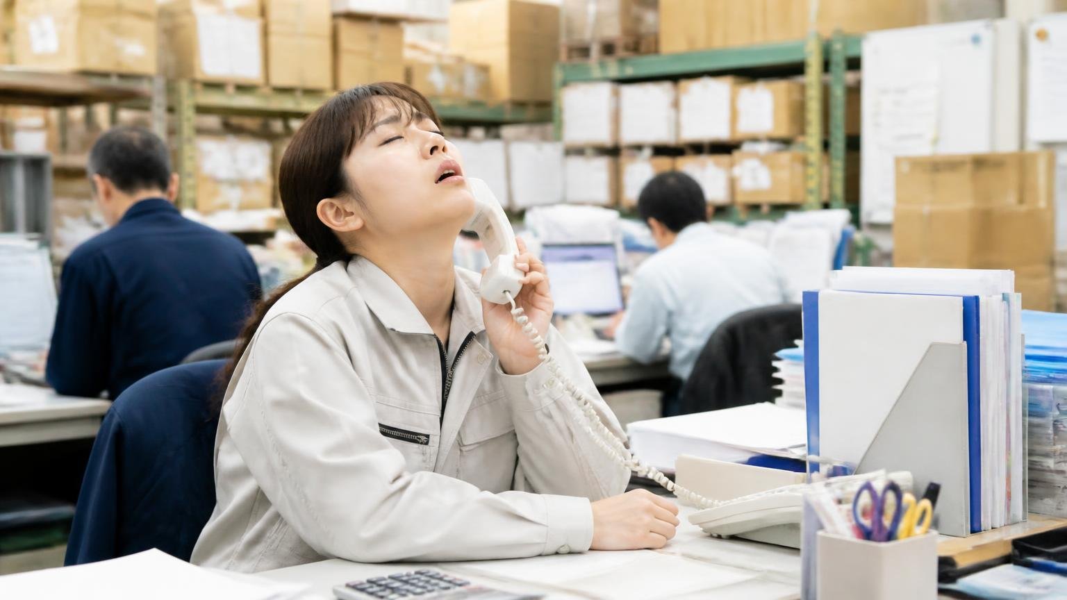 営業電話が気になるなら、連絡手段を最初に指定する 配送センターの事務所で電話が鳴り続ける場面 女性1人が受話器を持ったまま天を仰いでため息をつく
