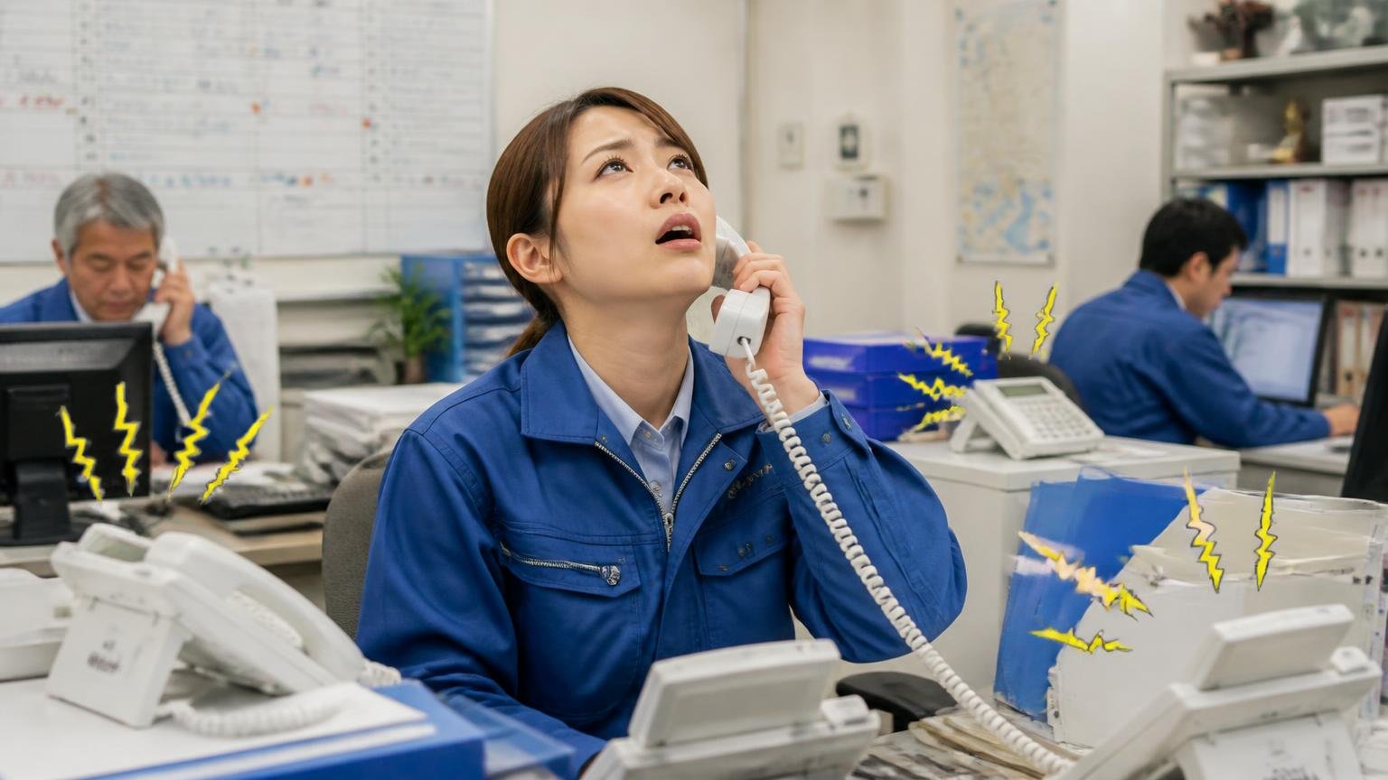 営業電話が気になるなら、連絡手段を最初に指定する 運送会社の事務所で電話が鳴り続ける場面 女性1人が受話器を持ったまま天を仰いでため息をつく