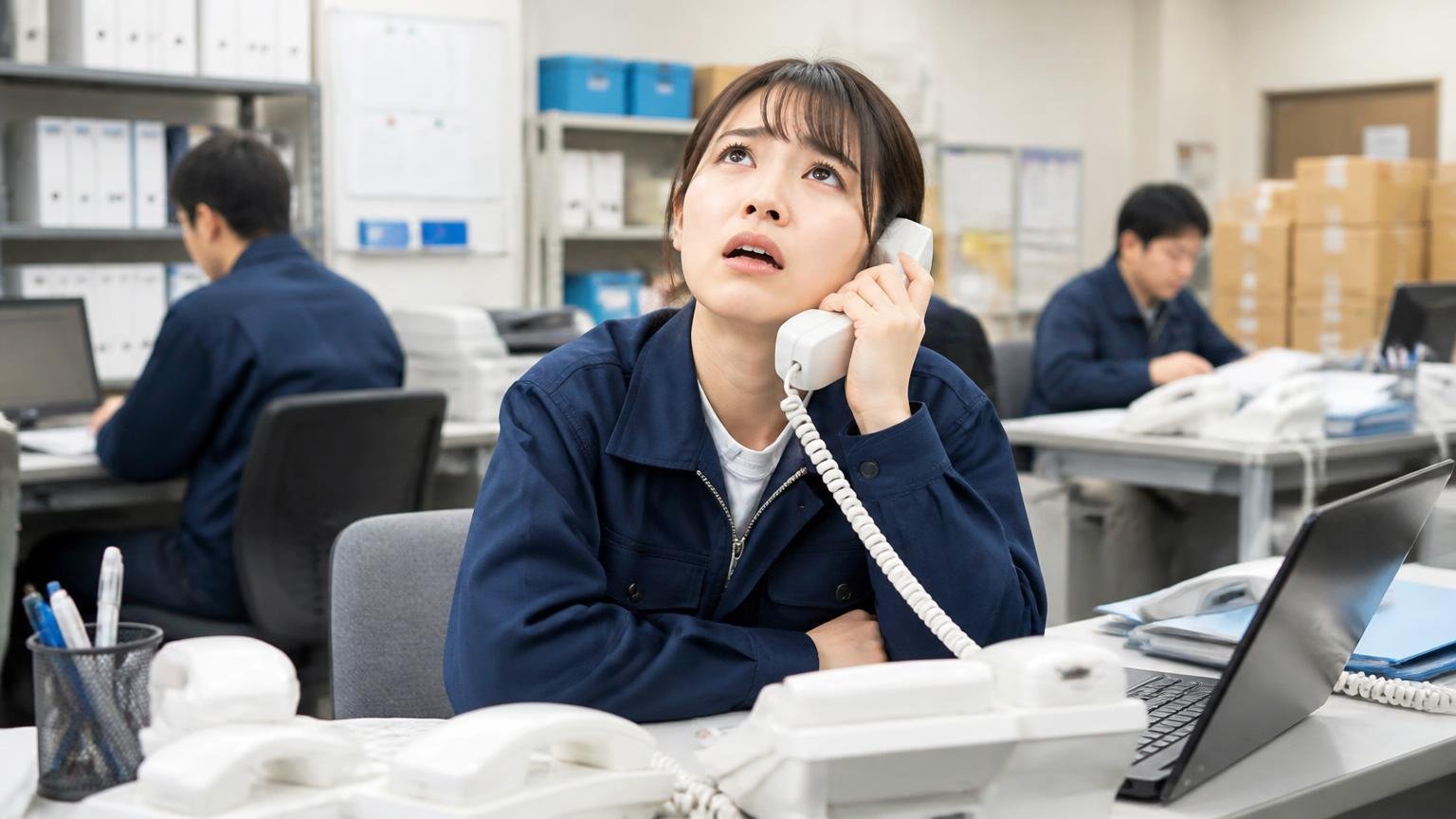 営業電話が気になるなら、連絡手段を最初に指定する 配送センターの事務所で電話が鳴り続ける場面 女性1人が受話器を持って困った顔で天井を見上げる