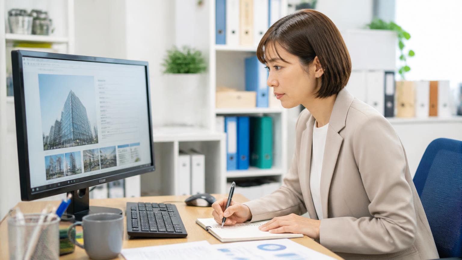 事務所のパソコン画面で業者の会社概要を確認しながらメモを取る30代女性1人