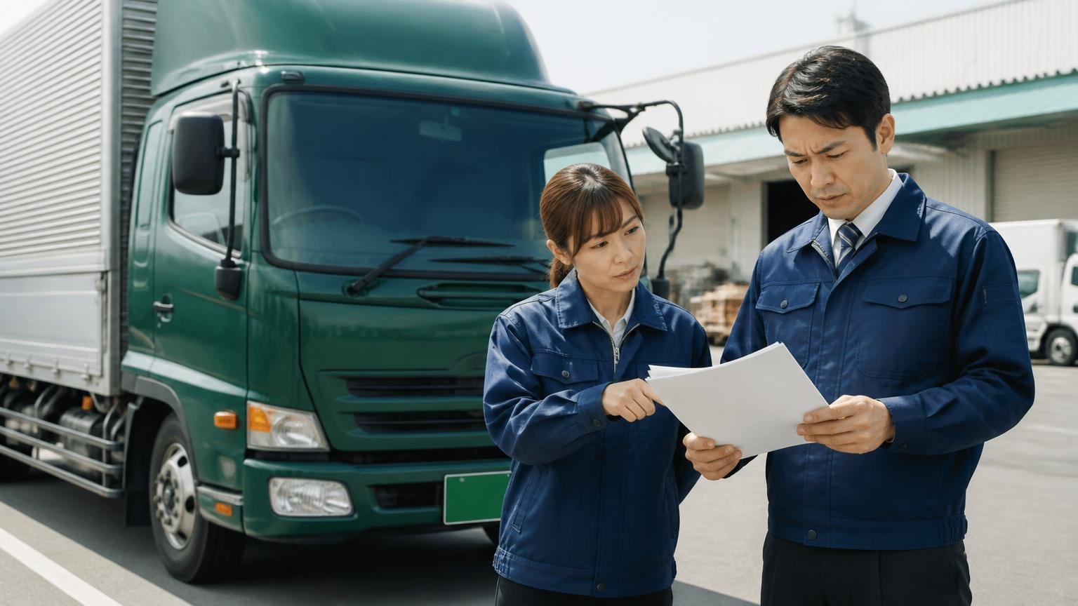 緑ナンバーのトラックは減車の届出も忘れずに 運送会社の車庫で緑ナンバーの4tトラックの前に立つ男女2人が書類を確認する