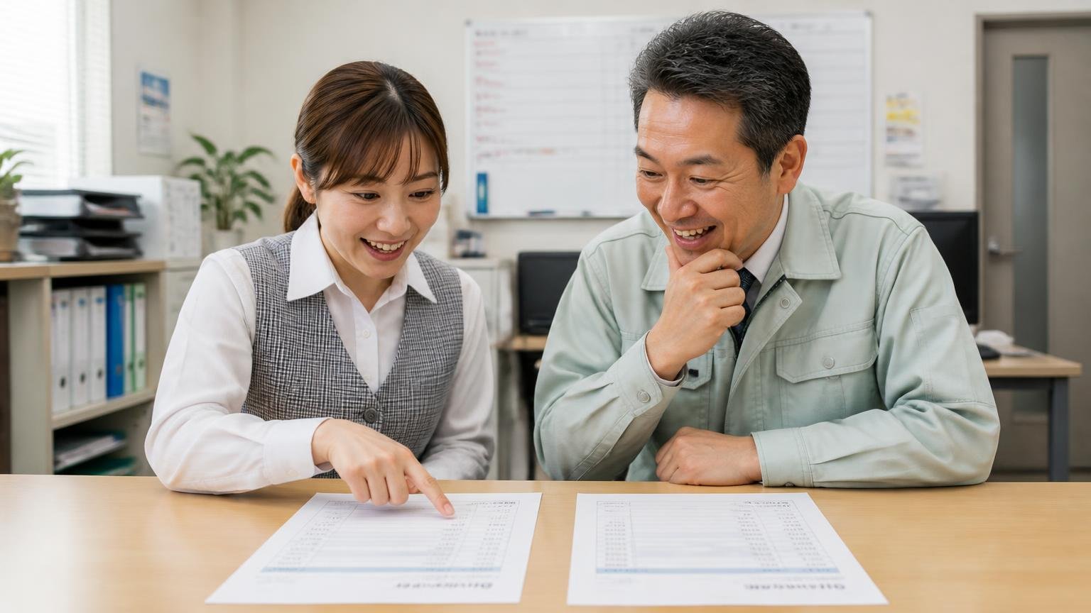 地元業者と全国販路の業者を最低1社ずつ並べる、事務所のテーブルに2社の見積書を並べて、運送会社の女性事務員と男性社長が金額を見比べて納得している