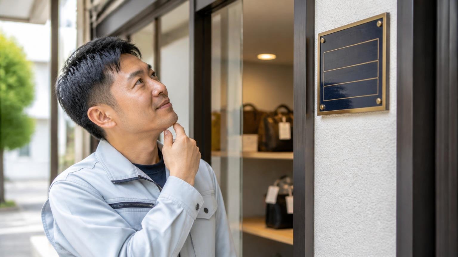 古物商許可と会社情報を確認する|買取店の入口で古物商許可の標識を見上げる作業着の男性1人が納得の表情
