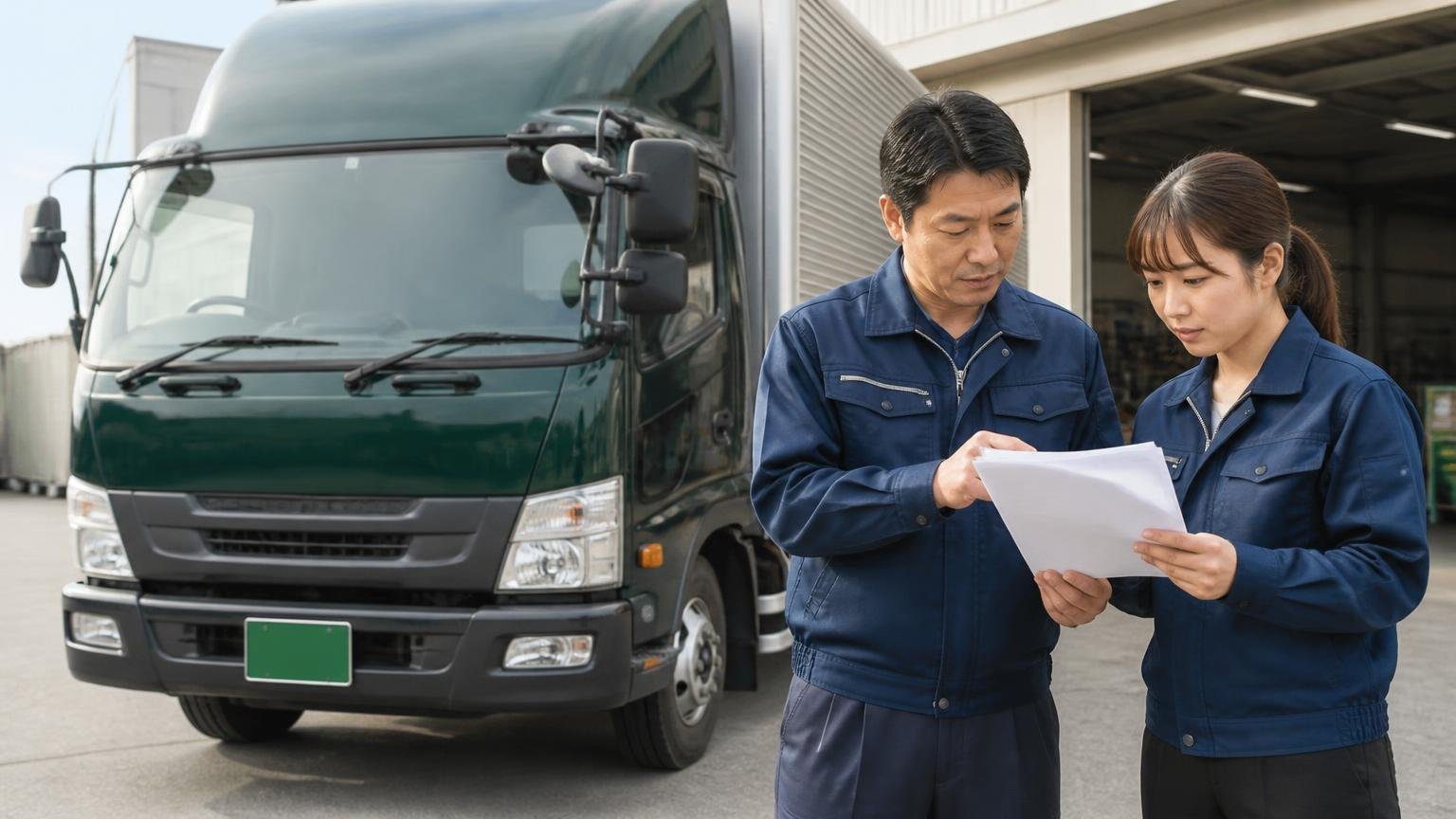 緑ナンバーのトラックは減車の届出も忘れずに 運送会社の車庫で緑ナンバーの4tトラックの前に立つ男女2人が書類を確認する