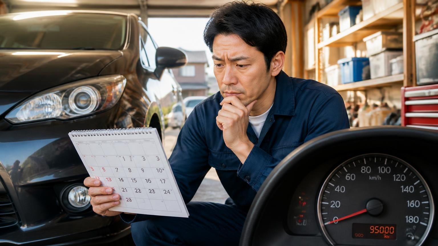 売る時期と走行距離の節目を意識する。夕方の車庫で走行距離計とカレンダーを交互に見る男性1人が考え込む表情