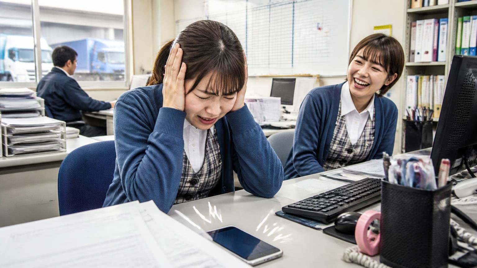 連絡手段や時間帯をこちらで指定できるか　安来市の運送会社の事務所で、鳴り続けるスマホを前に頭を抱える30代の女性事務員と笑う同僚
