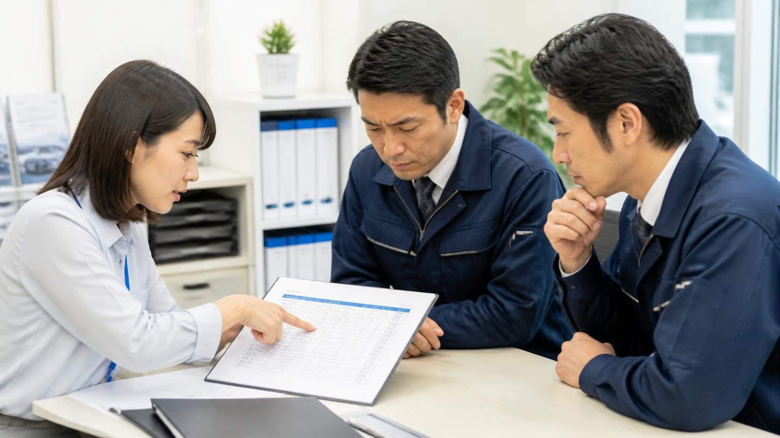 自動車税・自賠責・リサイクル料金の扱いを聞かない 事務所で見積書の内訳を指さして確認する 事務の女性と査定士の男性2人 真剣にうなずく