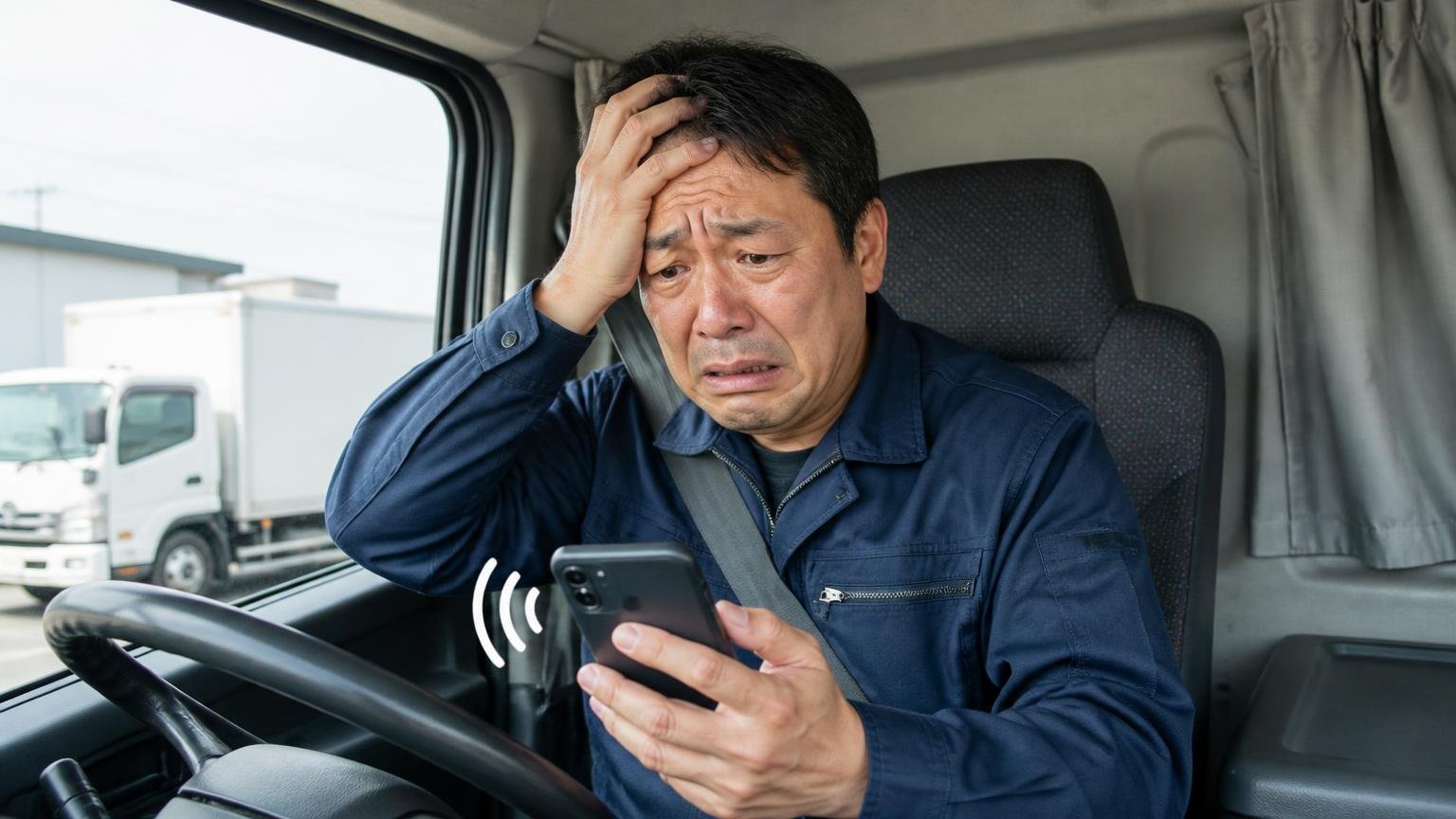 連絡の手段と時間帯をこちらで決められるか トラックの運転席 鳴り続けるスマホを手に困り顔で頭を抱える男性ドライバー