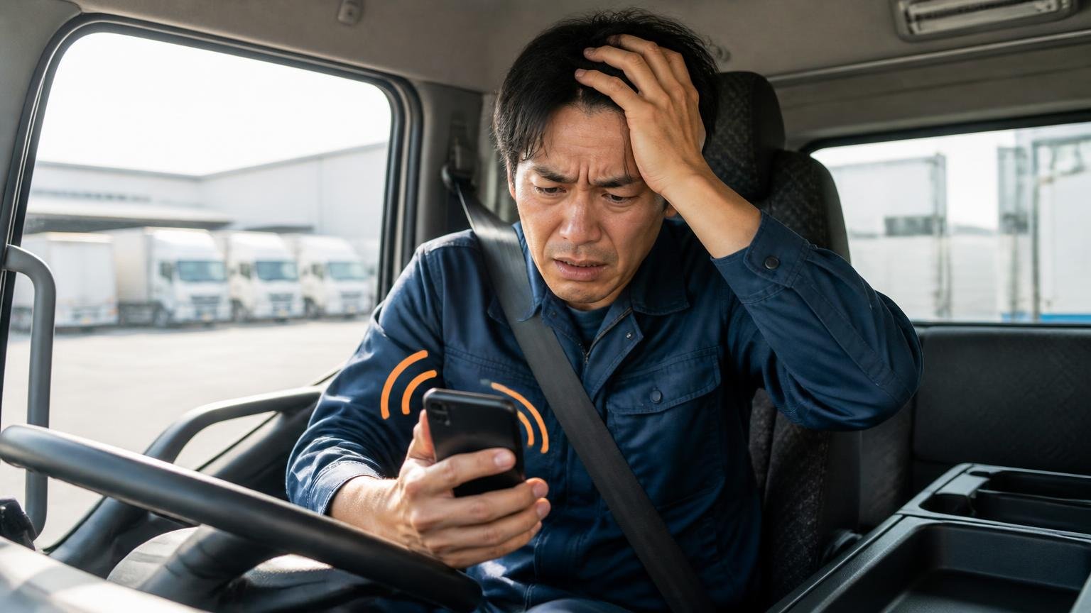 連絡の手段と時間帯をこちらで決められるか トラックの運転席 鳴り続けるスマホを手に困り顔で頭を抱える男性ドライバー