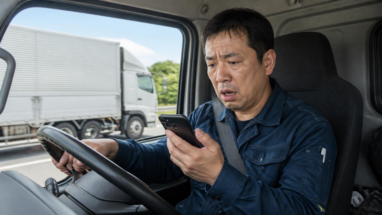 連絡の手段と時間帯をこちらで決められるか 配送中のトラックの運転席 鳴りやまないスマホを見て困った顔をするドライバー
