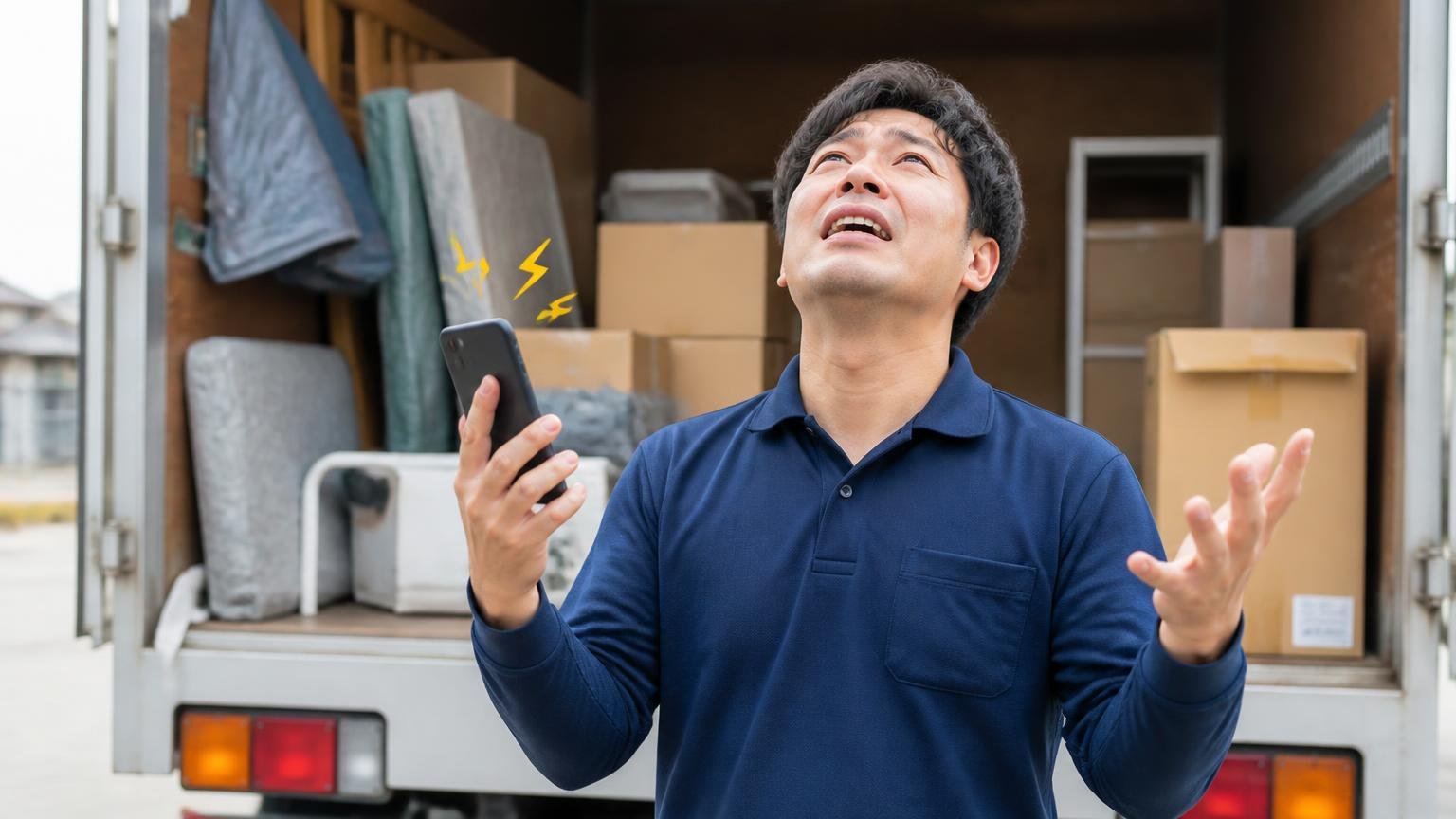 連絡手段や時間帯をこちらで指定できるか 荷下ろし中のトラックの荷台 鳴り続けるスマホを手にした男性1人が困り顔で天を仰ぐ