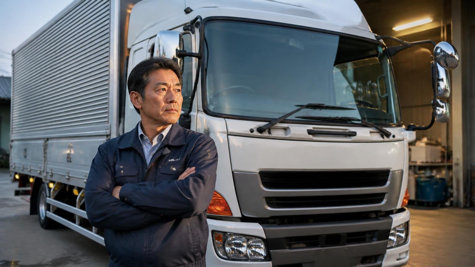 査定額が出たら引き渡しまで乗らない・ぶつけない、引き渡し前日の夕方、車庫に停めた4tトラックの前で腕を組んで見守る50代の運送会社社長