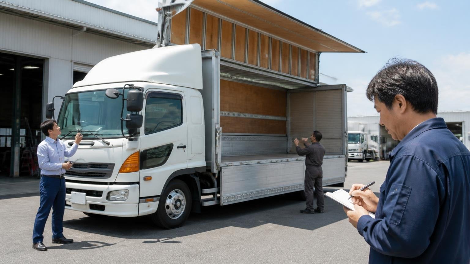 査定は2〜3社を「同じ週」に並べる、倉敷の車庫で、2社の査定スタッフが時間をずらして4tウイングを確認し、オーナーの男性がメモを取る場面