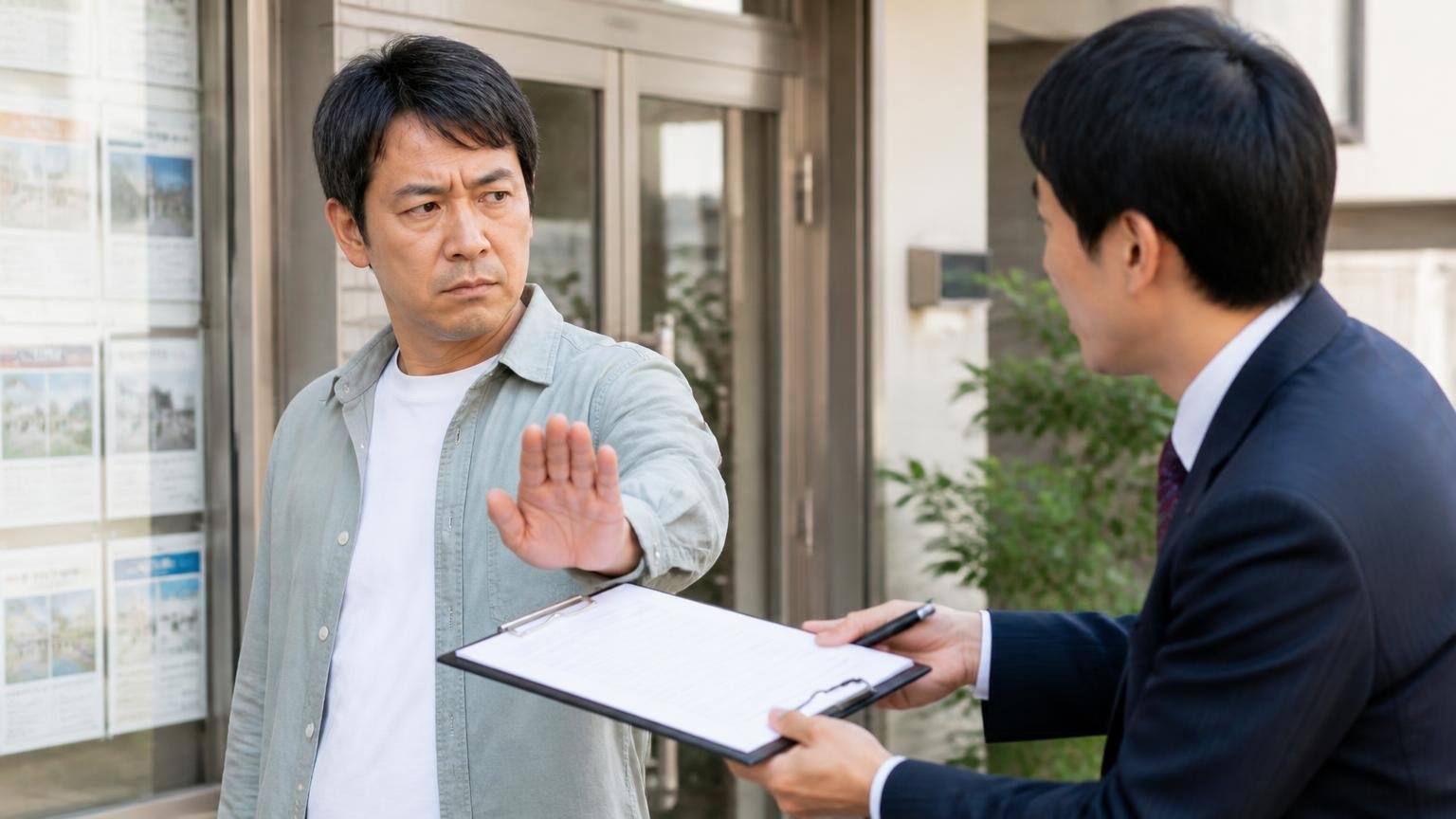 査定に来たその場で契約しない 営業所の前 契約書とペンを差し出す営業マンに 手のひらを向けて待ったをかける男性