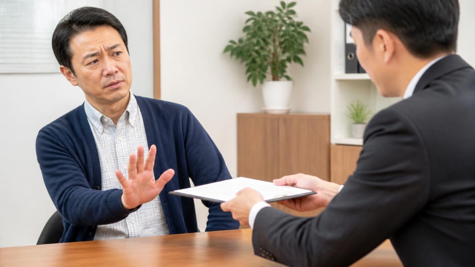 査定の場ですぐに契約しない 営業所の応接テーブル 契約書を差し出す査定員に男性1人が手のひらを向けて待ったをかける