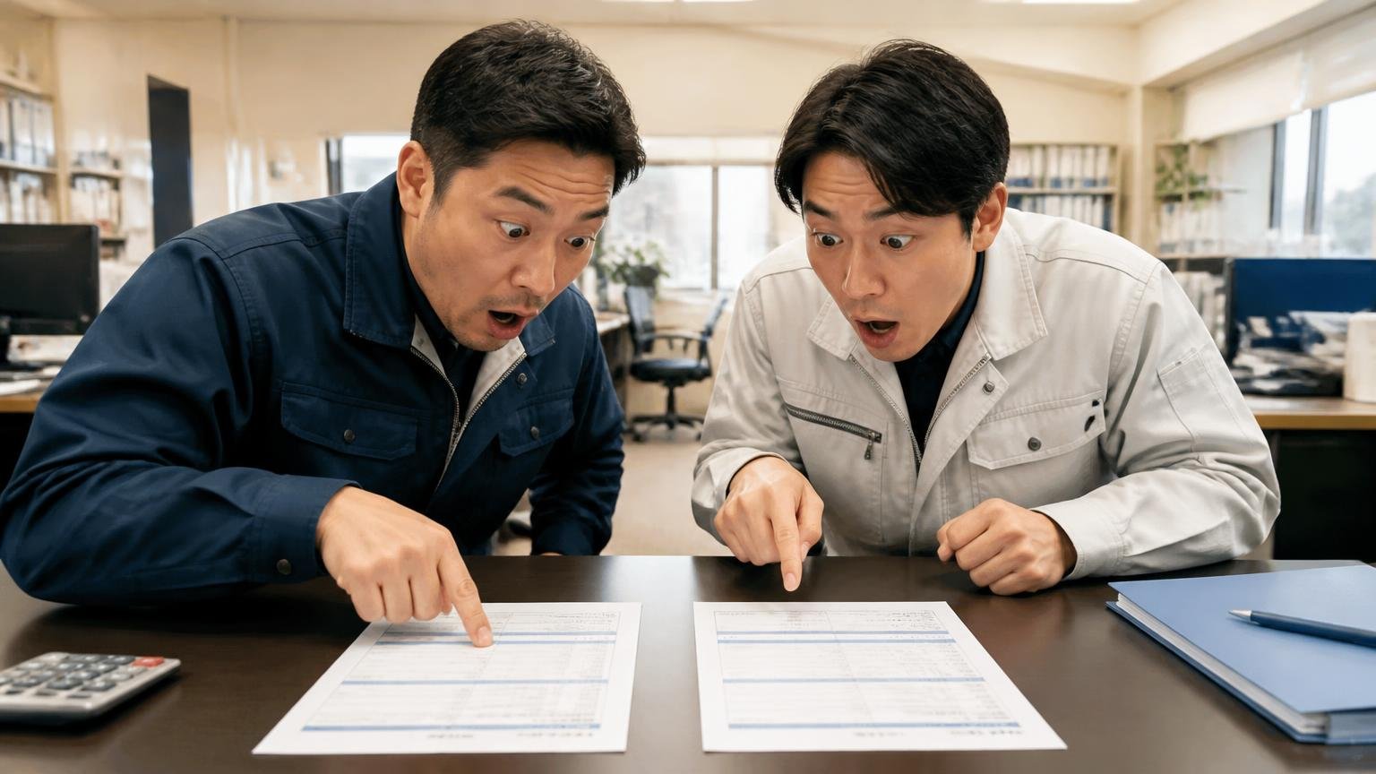 地場の業者と全国対応の業者の金額を並べる 営業所の机に見積書を2枚並べた場面 男性2人が金額を指さして驚きの表情で身を乗り出す