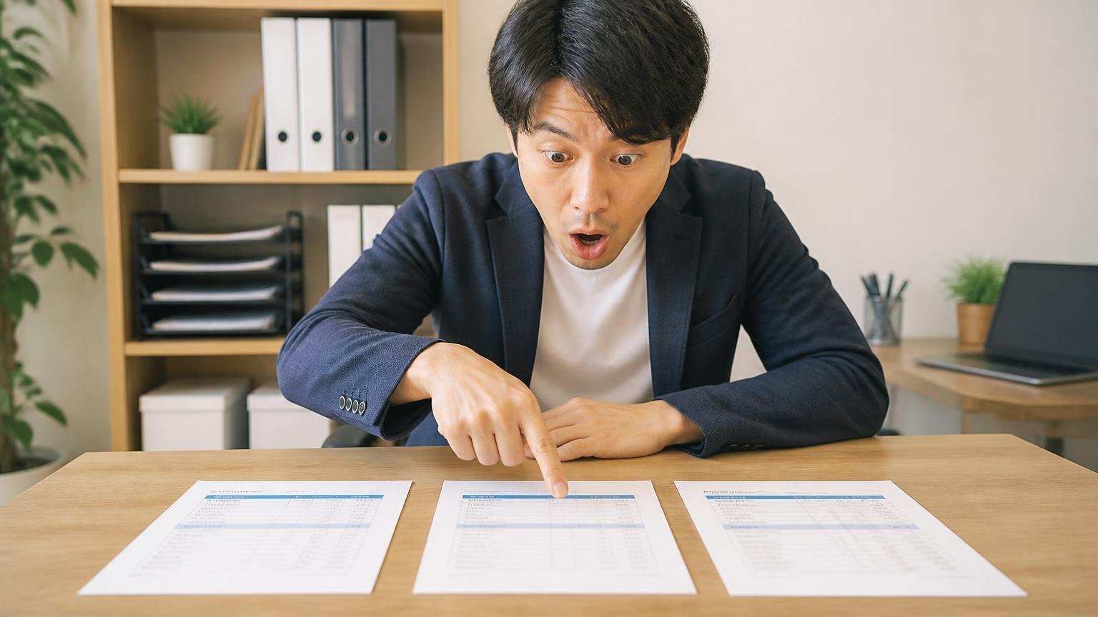 2〜3社の査定額を横に並べる 事務所の机に見積書を3枚並べて指で金額を比べる男性1人が目を見開いて驚く