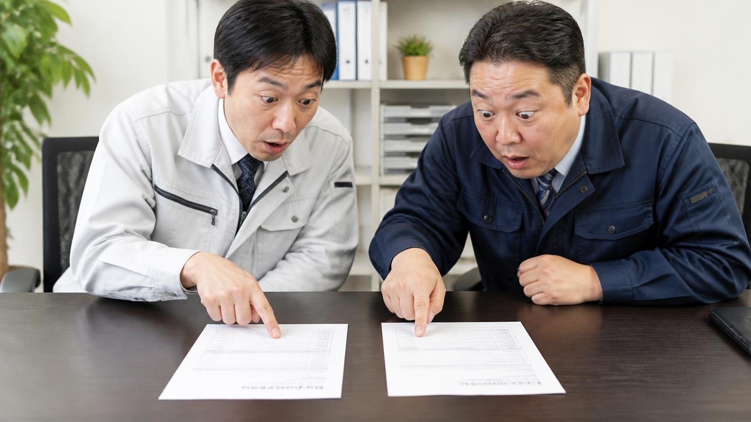 県内拠点の業者と県外の業者を1社ずつ並べる 事務所の机に見積書を2枚並べて指で金額を比べる男性2人が身を乗り出す
