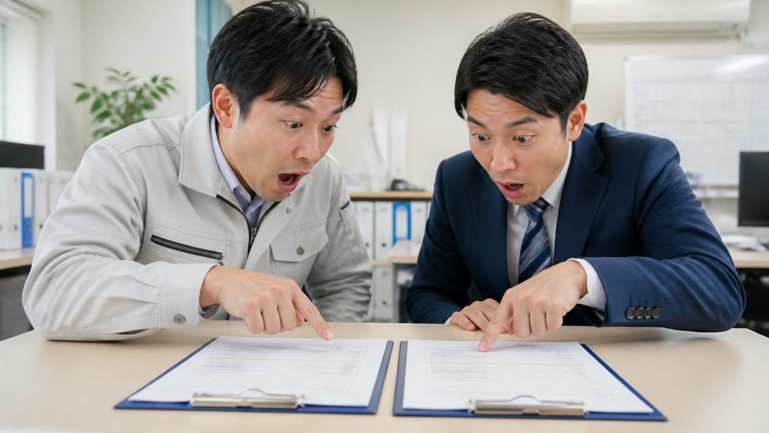 県内の業者と全国対応の業者の金額を並べる 営業所の机に見積書を2枚並べた場面 男性2人が金額を指さして驚きの表情で身を乗り出す