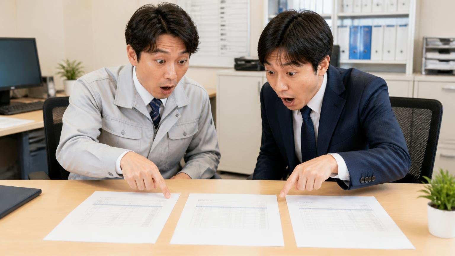 県内の専門店と全国対応の業者の金額を並べる 営業所の机に見積書を3枚並べた場面 男性2人が金額を指さして驚きの表情で身を乗り出す