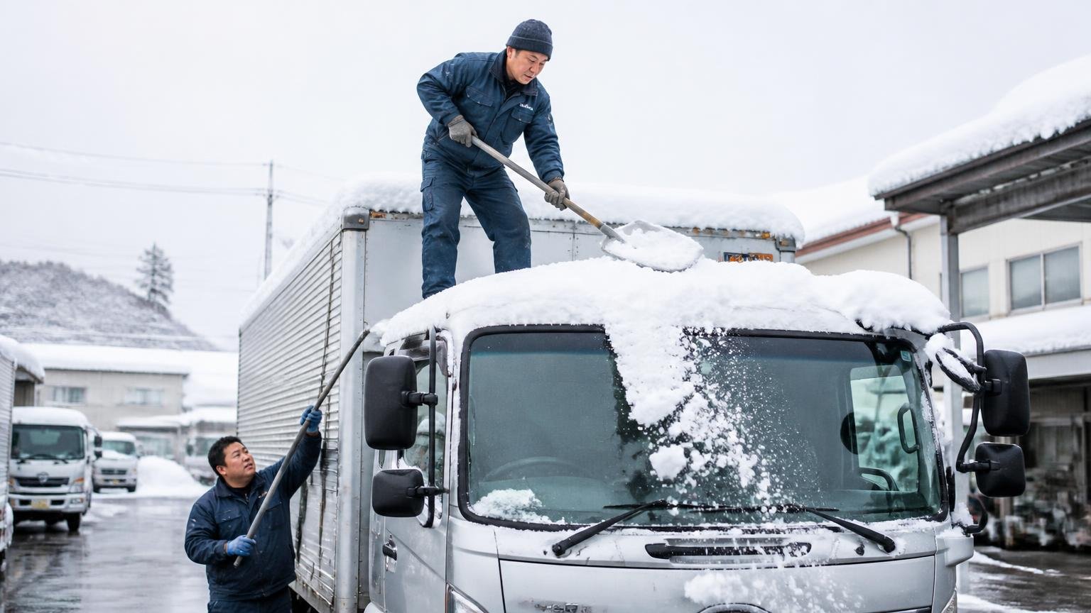 雪が積もった鳥取の運送会社の駐車場で、4tトラックの雪を下ろす作業着姿の男性2人