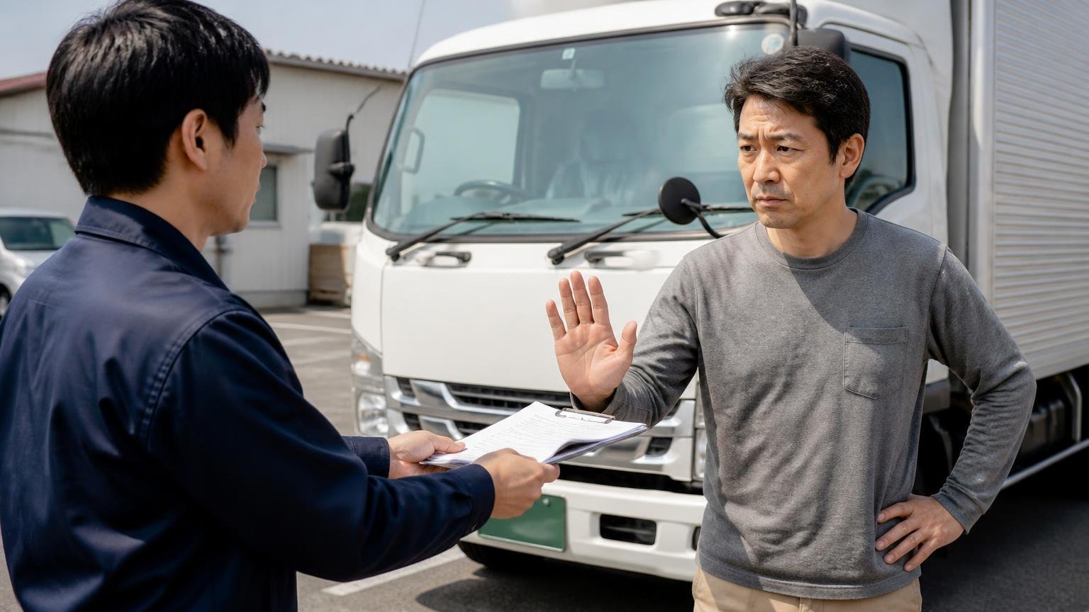 査定の場ですぐに契約しない　松江市の営業所の駐車場で、4tトラックの前で書類を差し出す査定員に、手のひらを見せて待ったをかける40代の男性