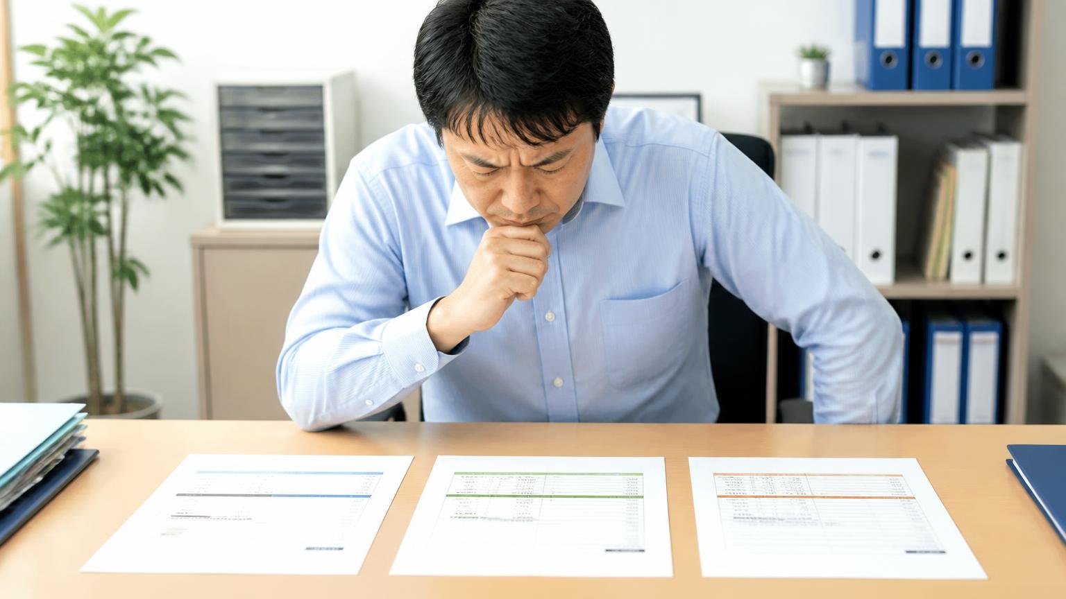 県内の業者と全国対応の業者を2〜3社並べる 事務所の机に3枚の見積書を並べた男性1人が身を乗り出して比べる