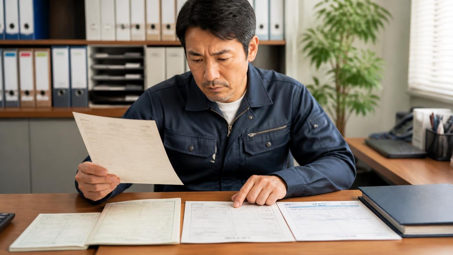 架装・オプション・整備記録の「証明書類」をそろえる、事務所の机に整備手帳と架装の注文書と定期点検記録簿を並べて、男性経営者が1枚ずつ確認している