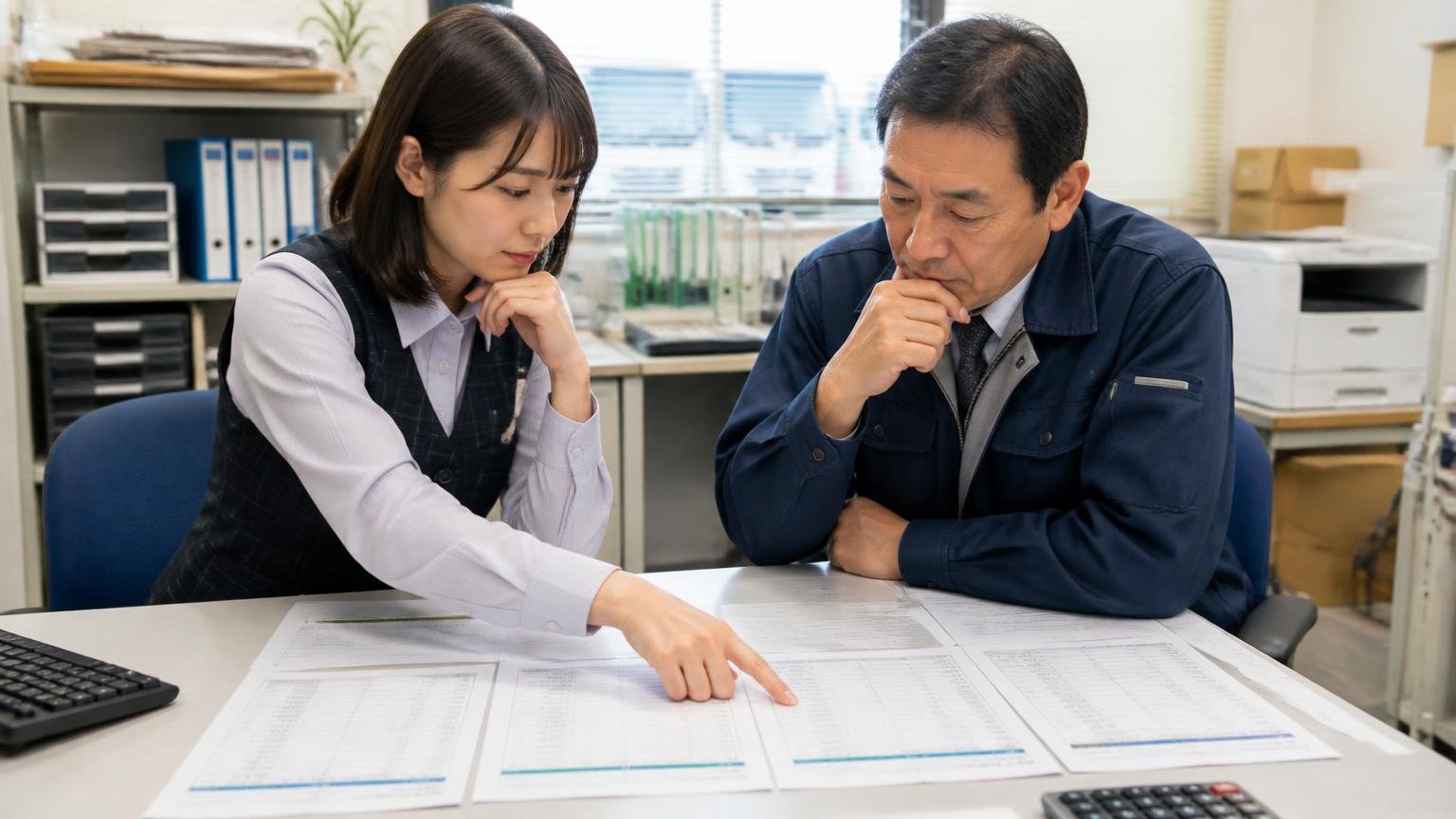 タイプの違う2〜3社の査定を並べる、運送会社の事務所で3社の見積書を机に並べて比べる事務の女性と社長の男性